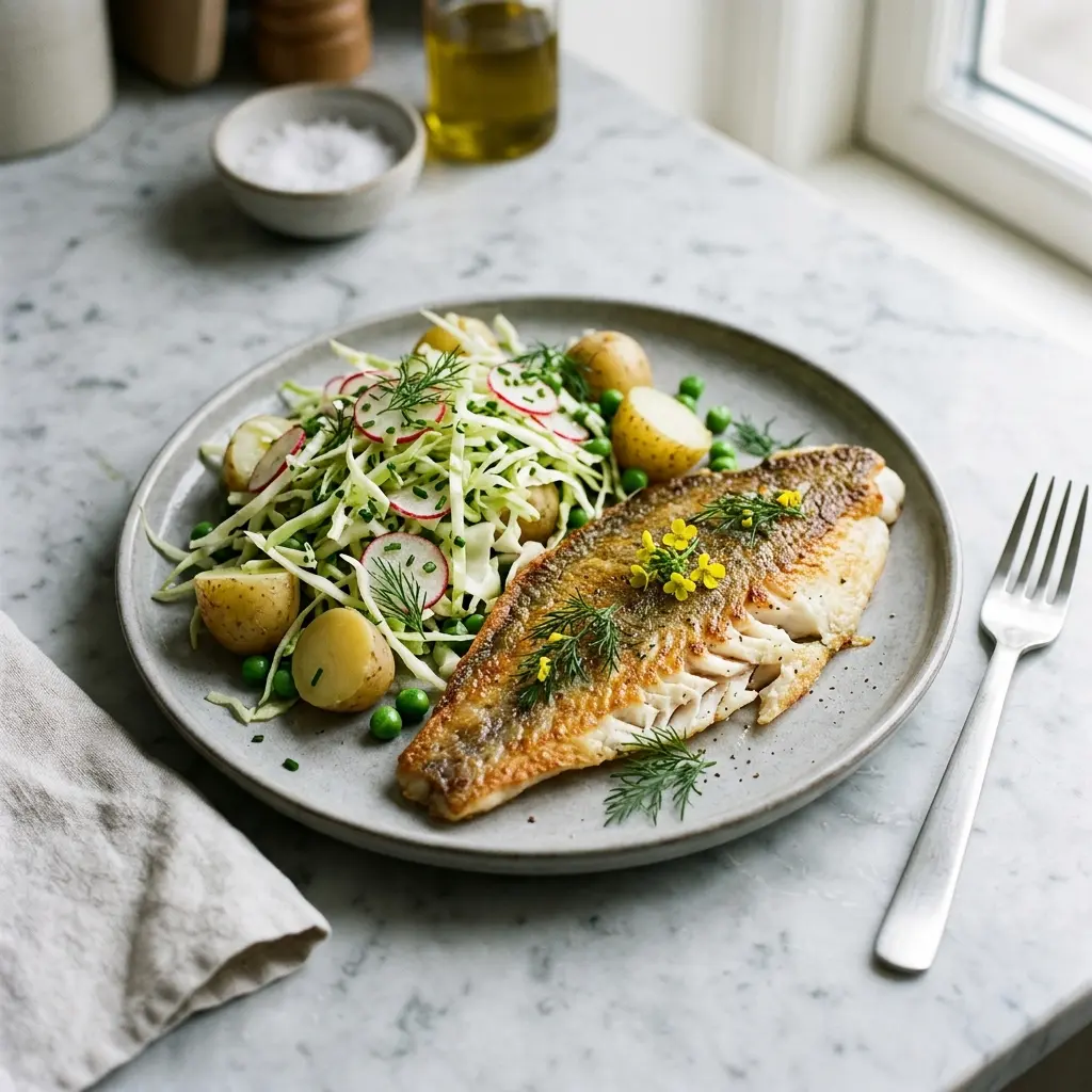En fräsch portion rödspätta med spetskålssallad med färska råvaror och fin servering