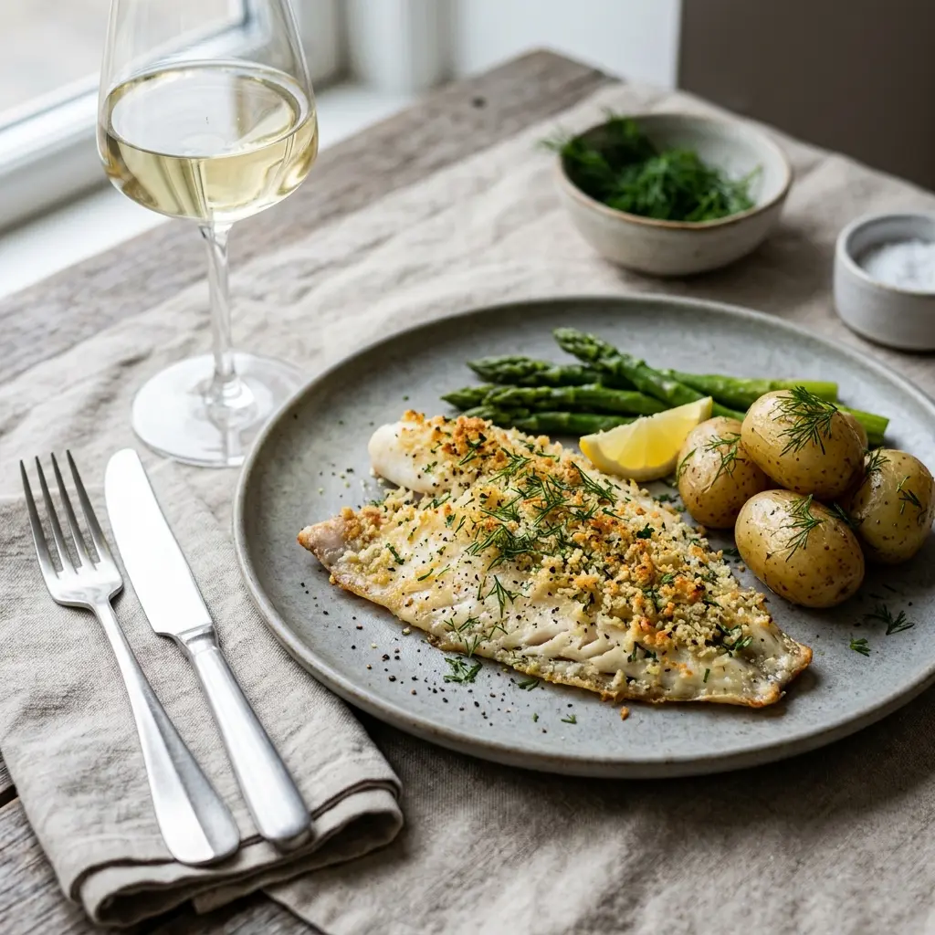 Nylagad rödspättafilé i ugn serverad på ett aptitligt och hemlagat sätt