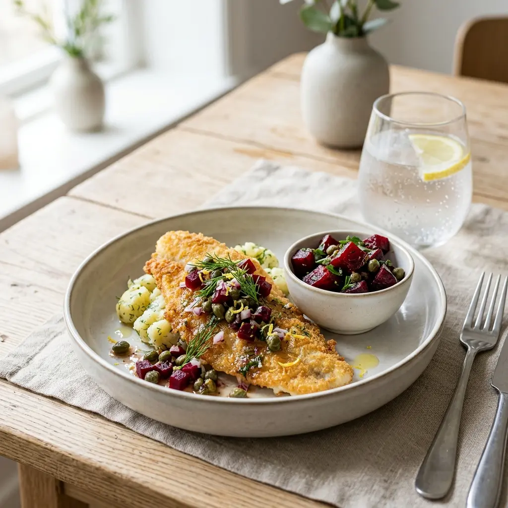 Nylagad rödspättafilé med kapris och rödbetor serverad på ett aptitligt och hemlagat sätt
