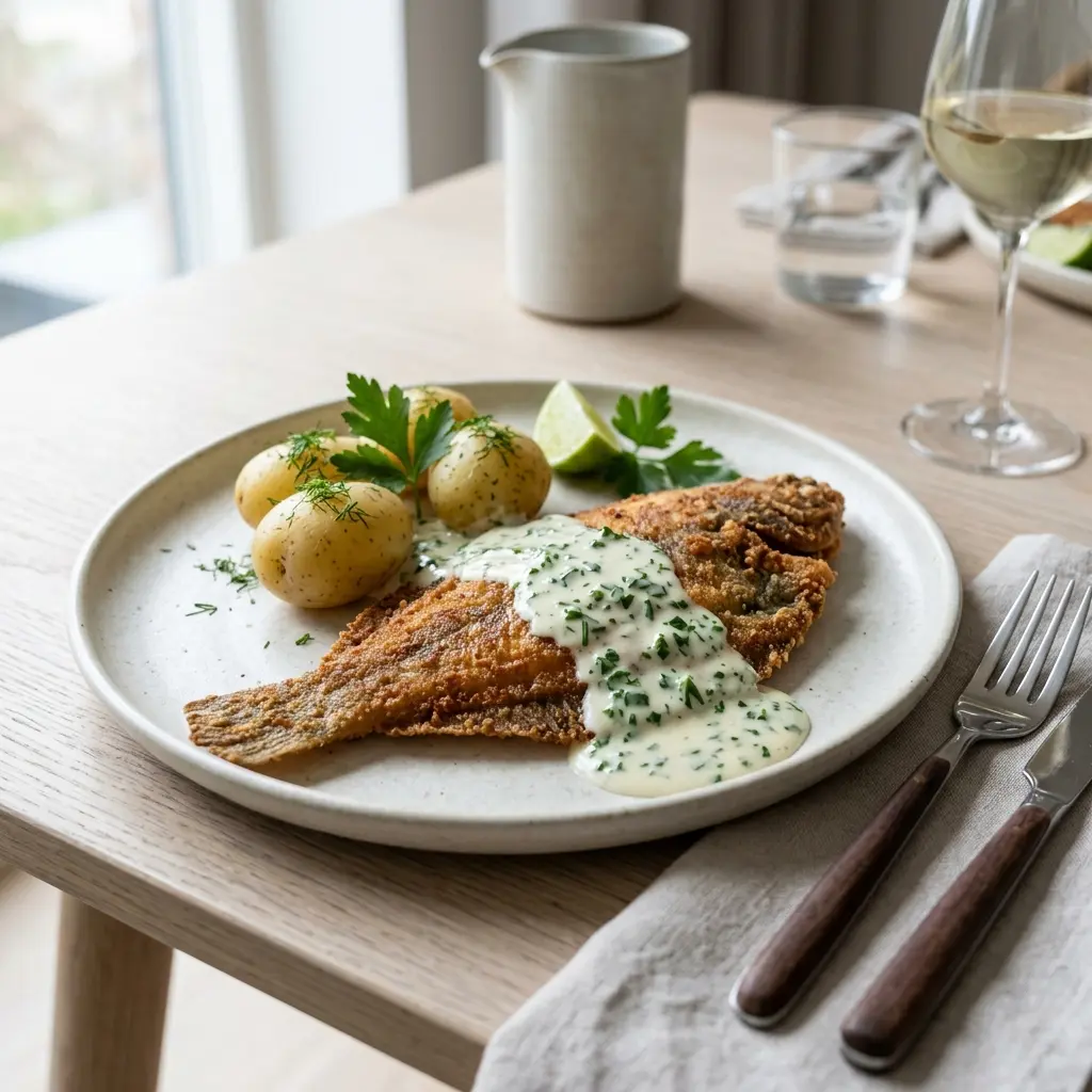 En skål med rödspättafilé med persiljesås klar att servera som smakrikt tillbehör