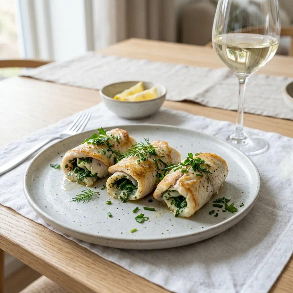 Ett glas rödspättarullader med örter serverat kallt och fräscht med enkel garnering