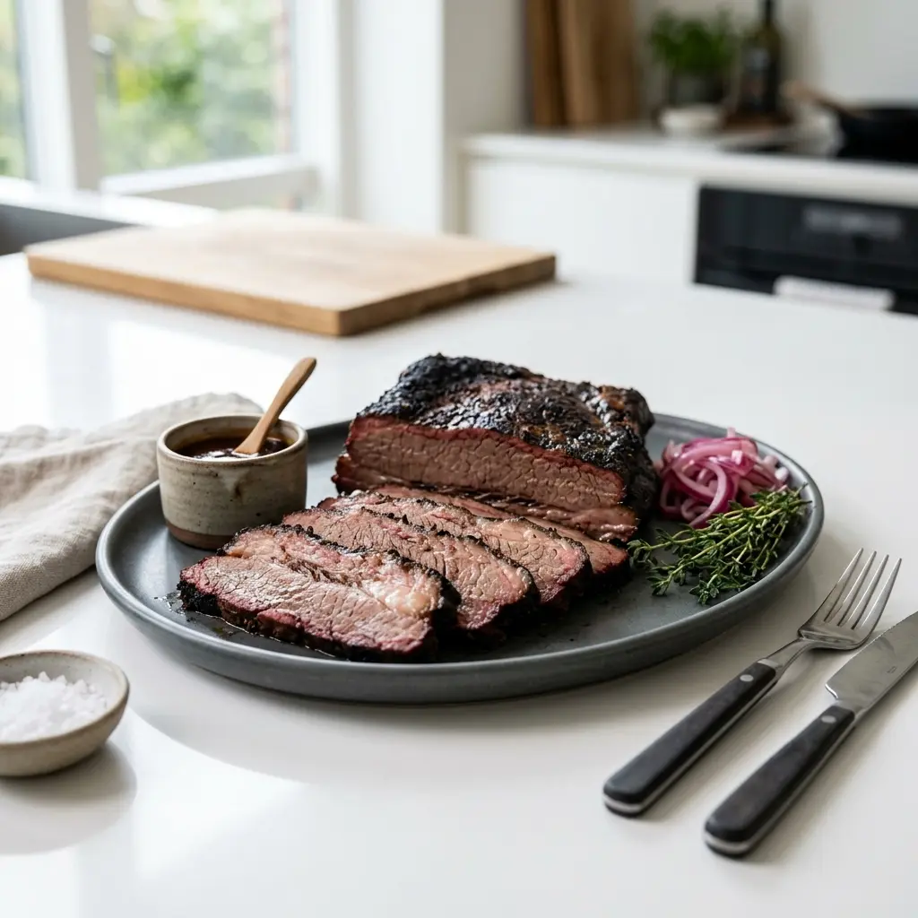 Nylagad rökt brisket serverad på ett aptitligt och hemlagat sätt