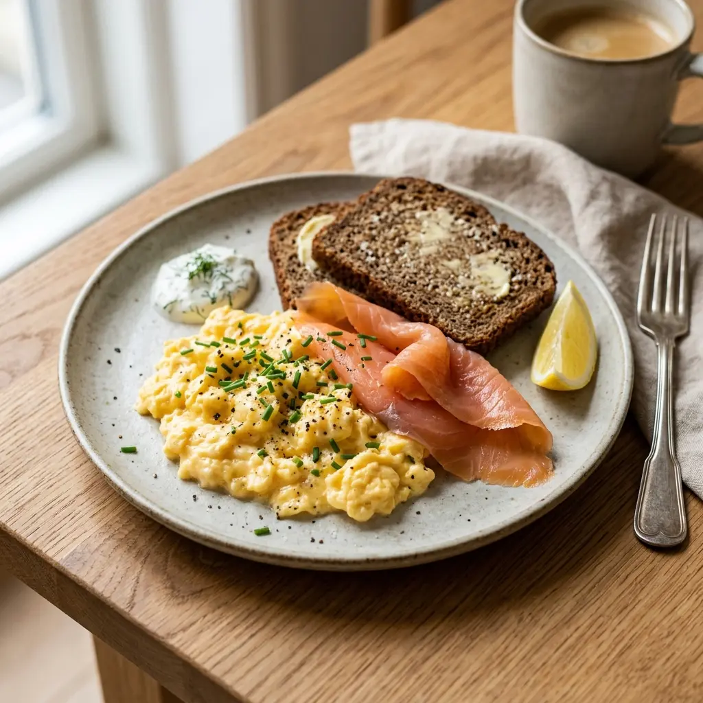 Nylagad rökt lax med äggröra serverad på ett aptitligt och hemlagat sätt