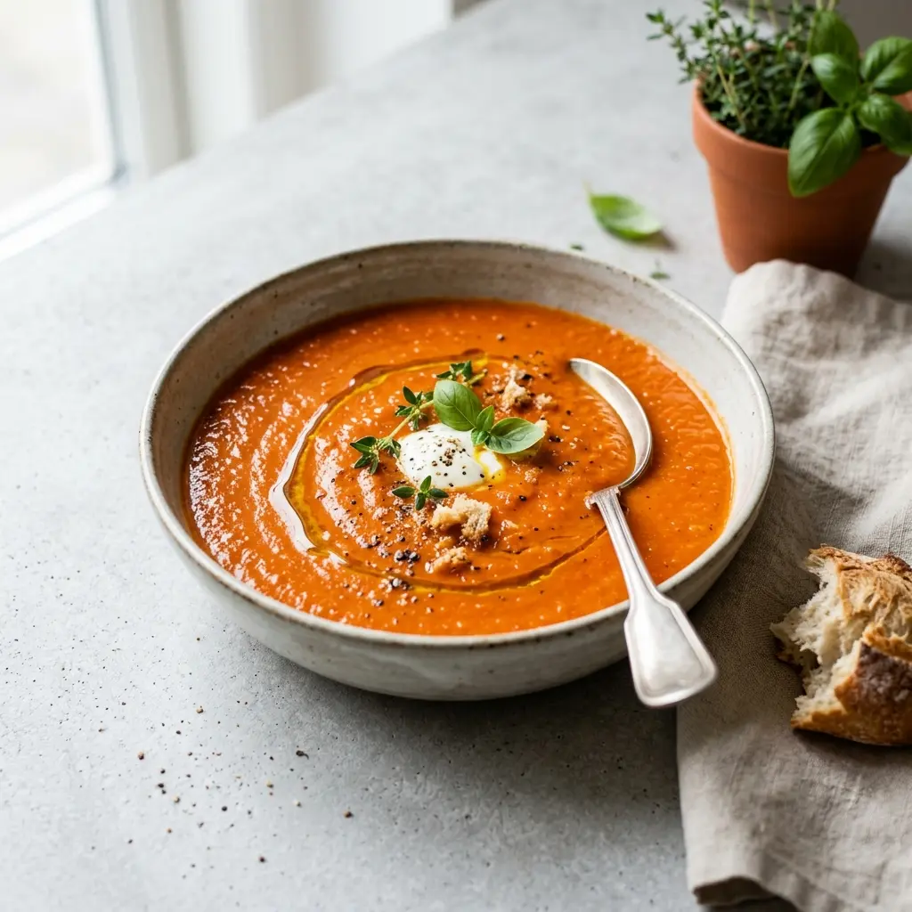 En varm skål rostad paprikasoppa serverad med ett inbjudande och hemlagat uttryck