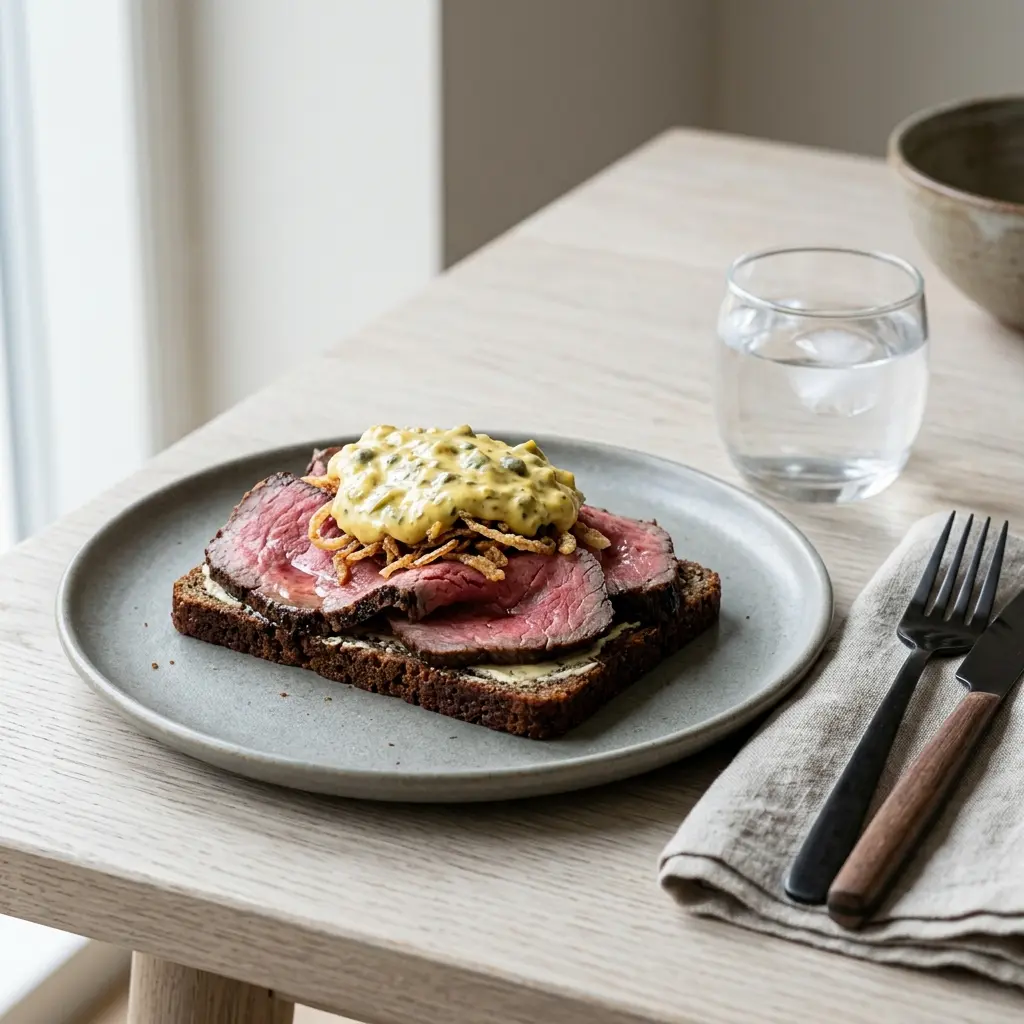 En skål med rostbiff med remouladsås klar att servera som smakrikt tillbehör