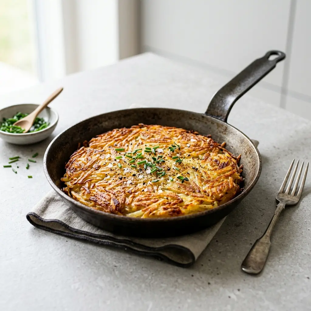 Ett glas rösti i stekpanna serverat kallt och fräscht med enkel garnering