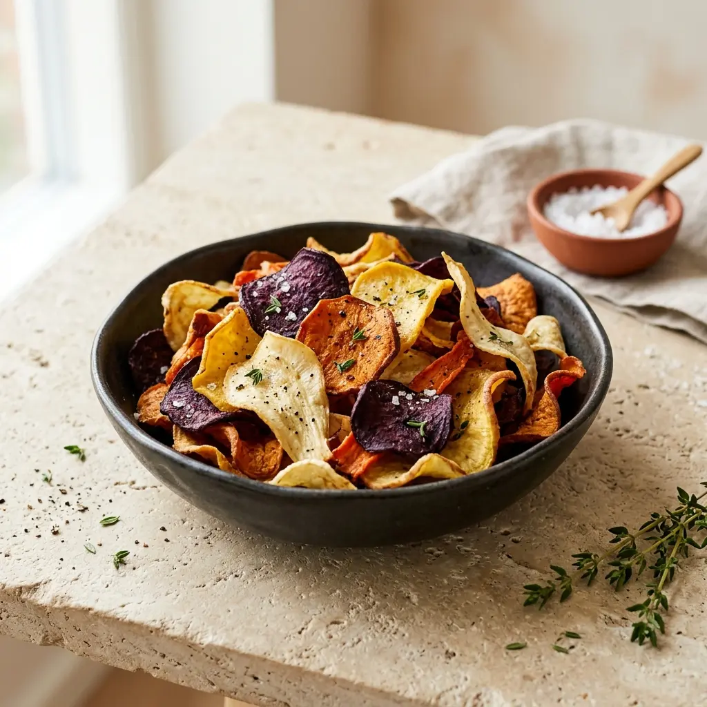 Nylagad rotfruktschips serverad på ett aptitligt och hemlagat sätt