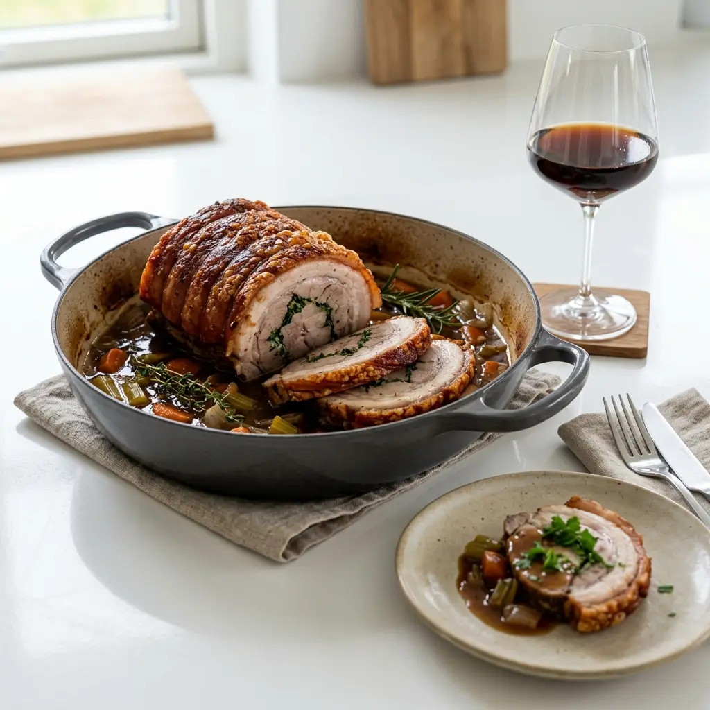 Ett glas rullstek i gryta serverat kallt och fräscht med enkel garnering