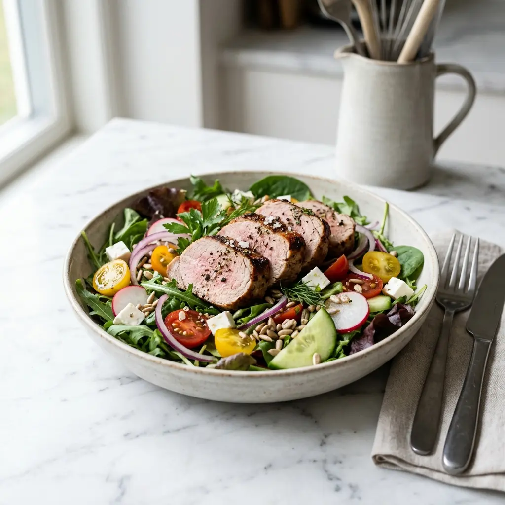 En fräsch portion sallad med fläskfilé med färska råvaror och fin servering