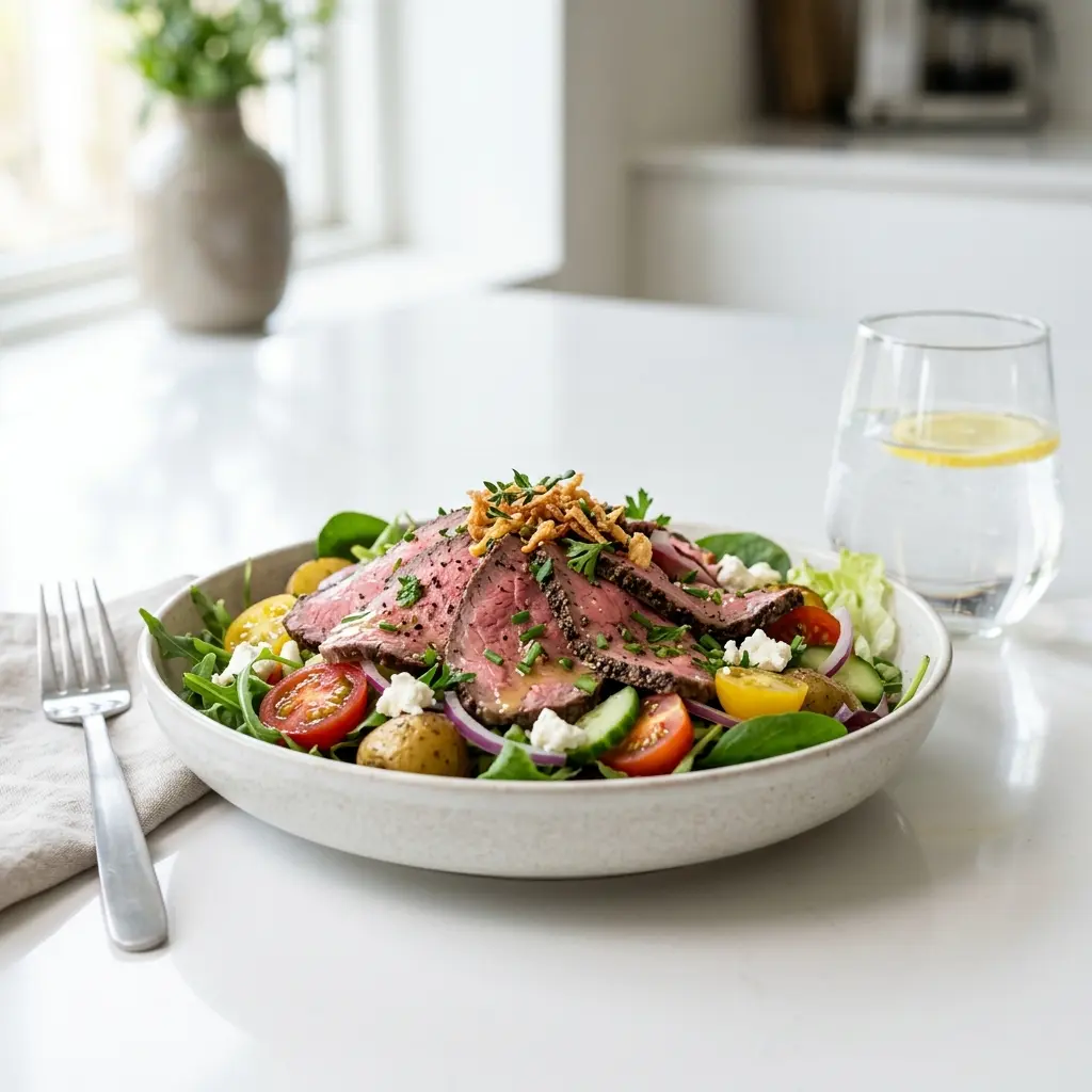 En fräsch portion sallad med rostbiff med färska råvaror och fin servering
