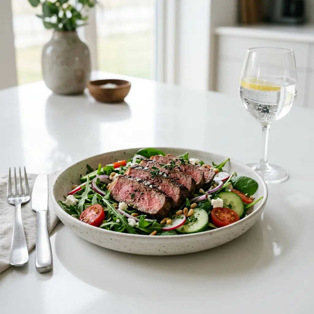 Ett glas sallad med steak serverat kallt och fräscht med enkel garnering