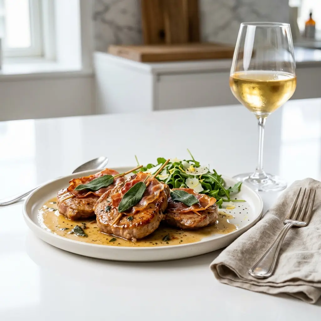 Nylagad saltimbocca serverad på ett aptitligt och hemlagat sätt
