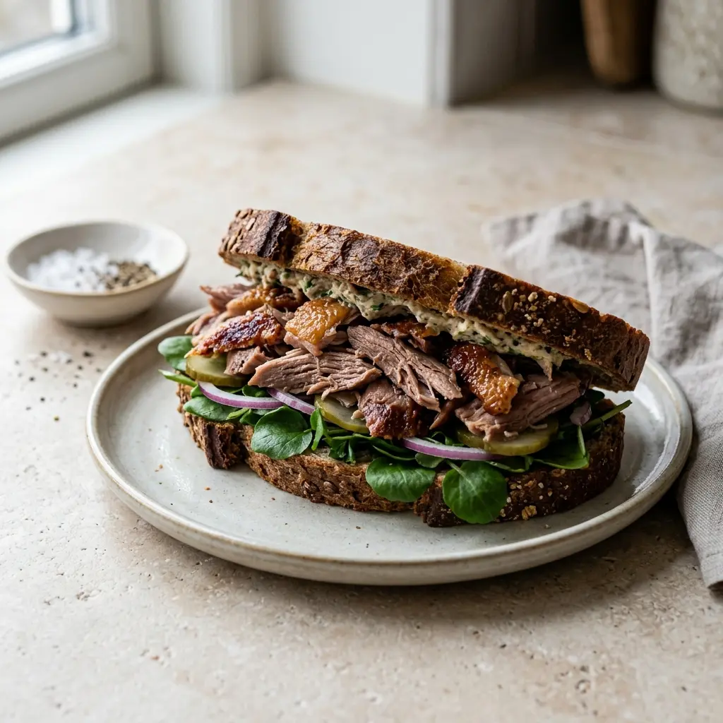 Nylagad sandwich med anka serverad på ett aptitligt och hemlagat sätt