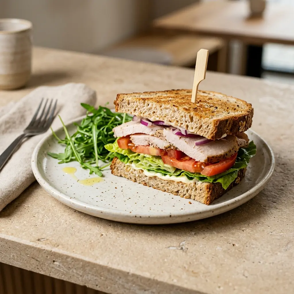 Nylagad sandwich med kalkon serverad på ett aptitligt och hemlagat sätt