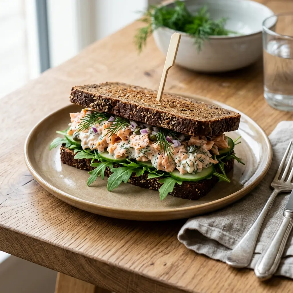 En fräsch portion sandwich med laxsallad med färska råvaror och fin servering