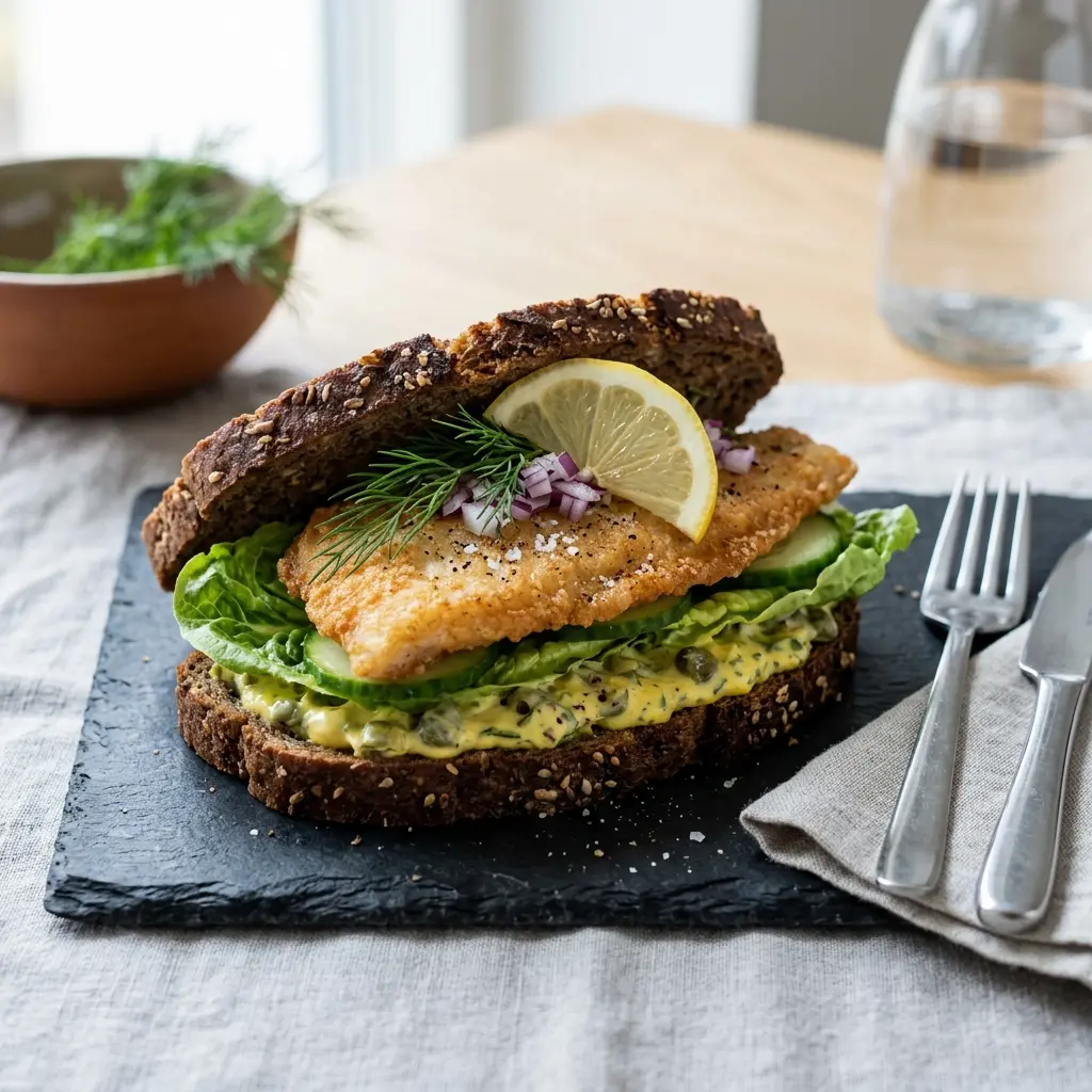 Nylagad sandwich med rödspättafilé serverad på ett aptitligt och hemlagat sätt