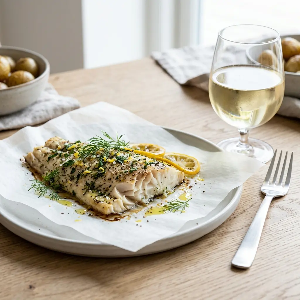 Nylagad sej i ugn serverad på ett aptitligt och hemlagat sätt