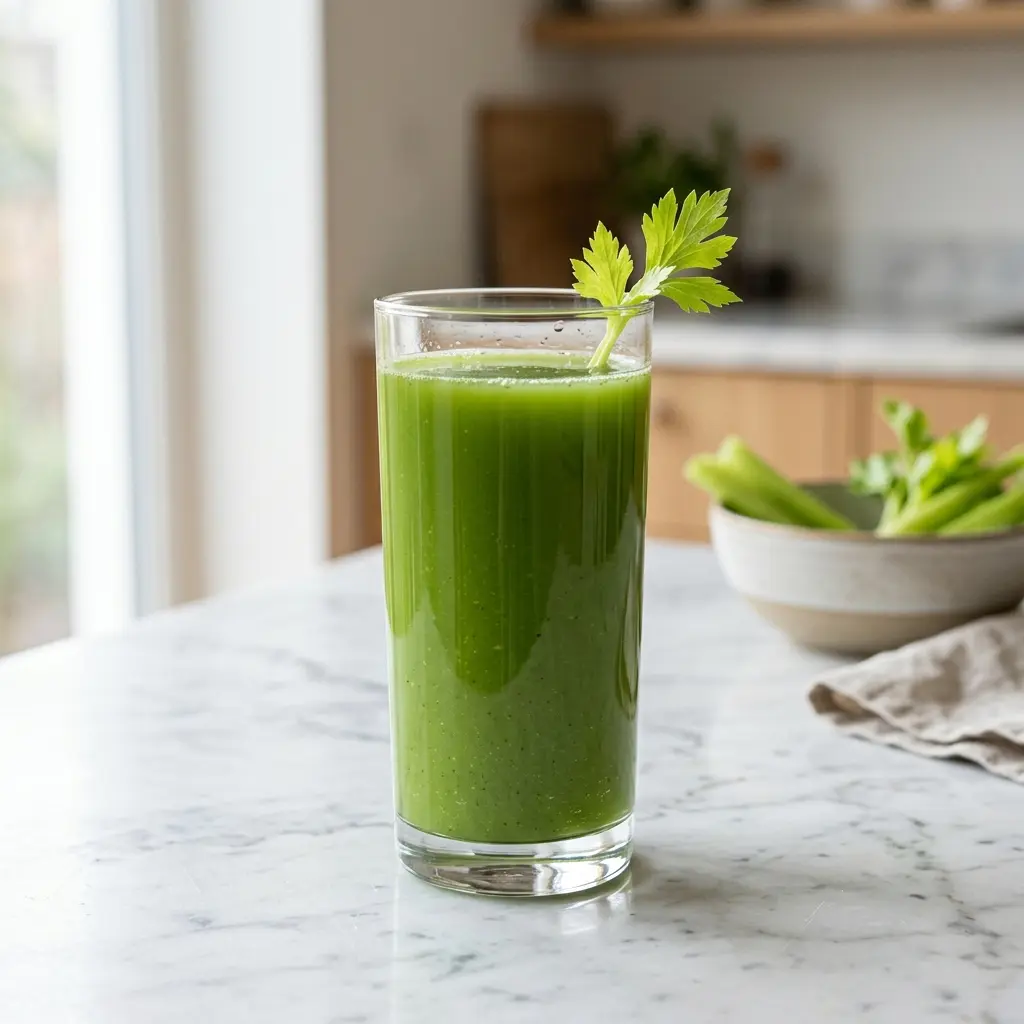 Ett glas sellerijuice serverat kallt och fräscht med enkel garnering