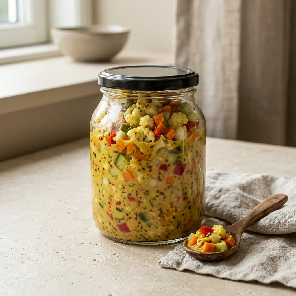 Nylagad senapspickles serverad på ett aptitligt och hemlagat sätt