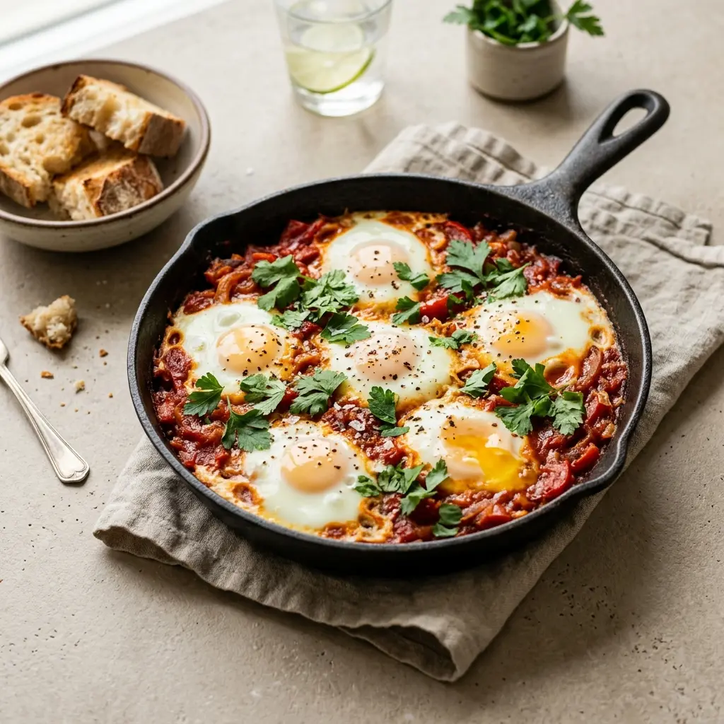 Nylagad shakshuka serverad på ett aptitligt och hemlagat sätt
