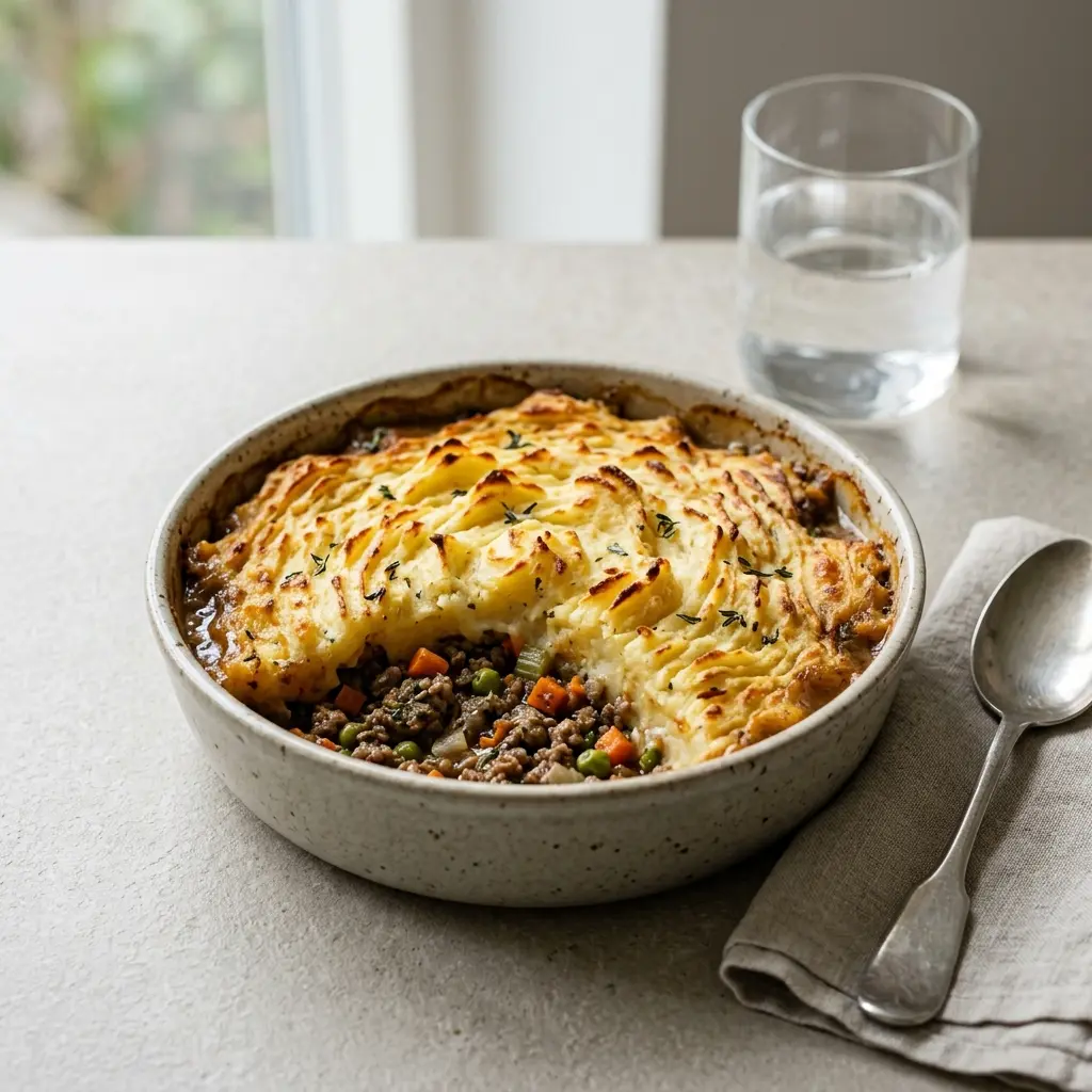 Nylagad shepherd's pie med lamm serverad på ett aptitligt och hemlagat sätt