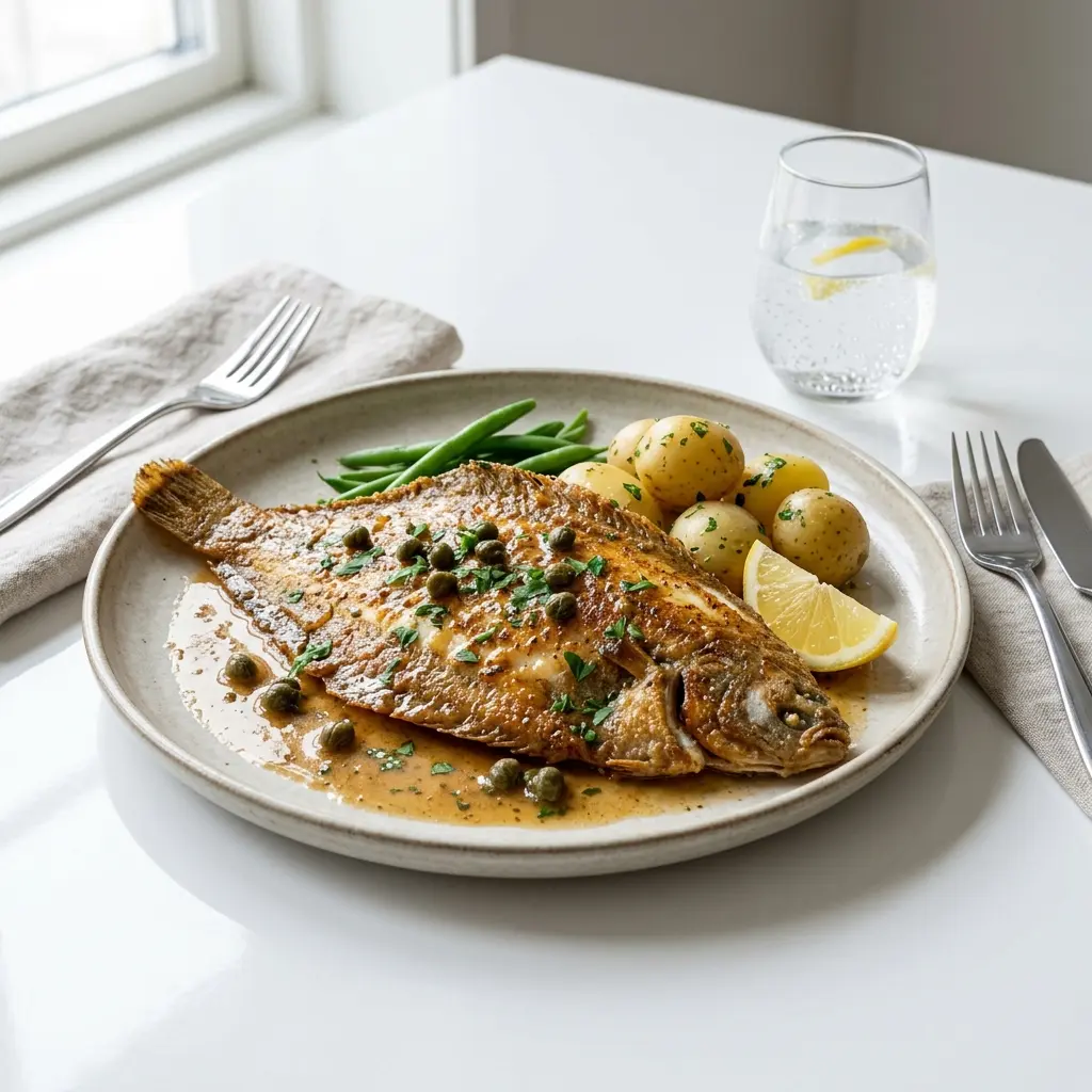 Nylagad sjötunga à la meunière serverad på ett aptitligt och hemlagat sätt