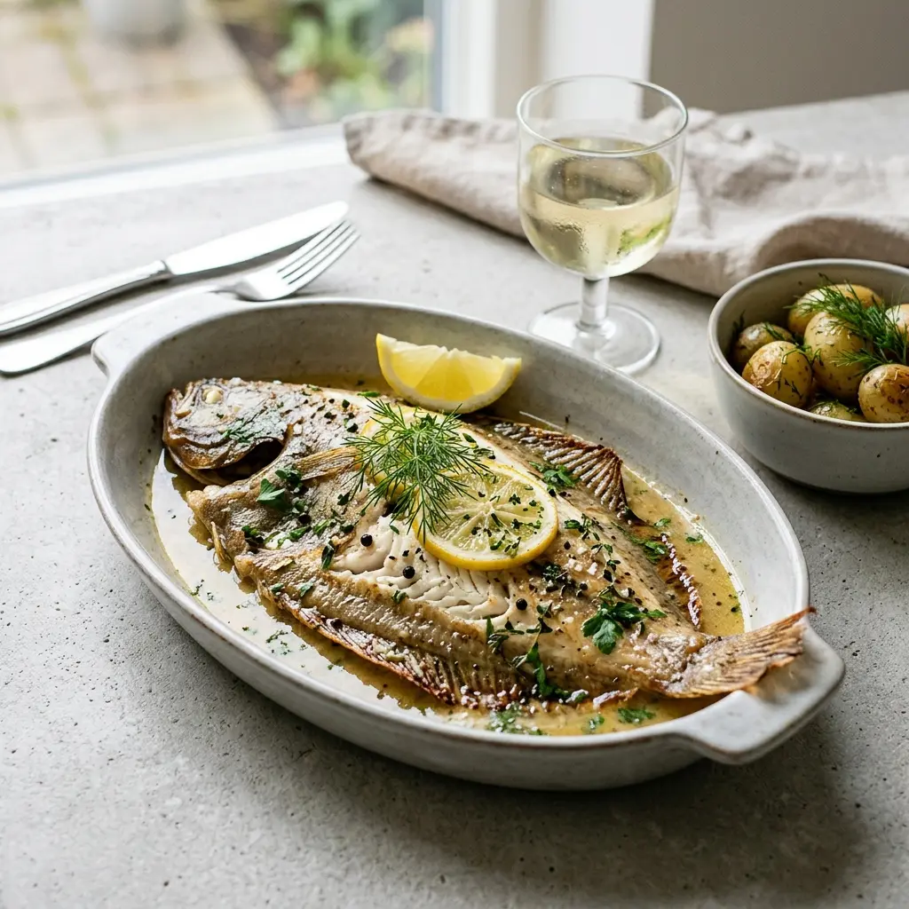 Nylagad sjötunga i ugn serverad på ett aptitligt och hemlagat sätt