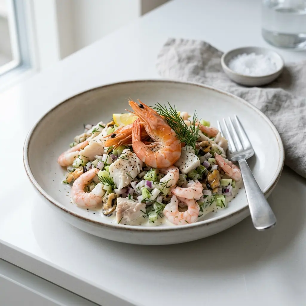 En fräsch portion skaldjurssallad med räkor med färska råvaror och fin servering