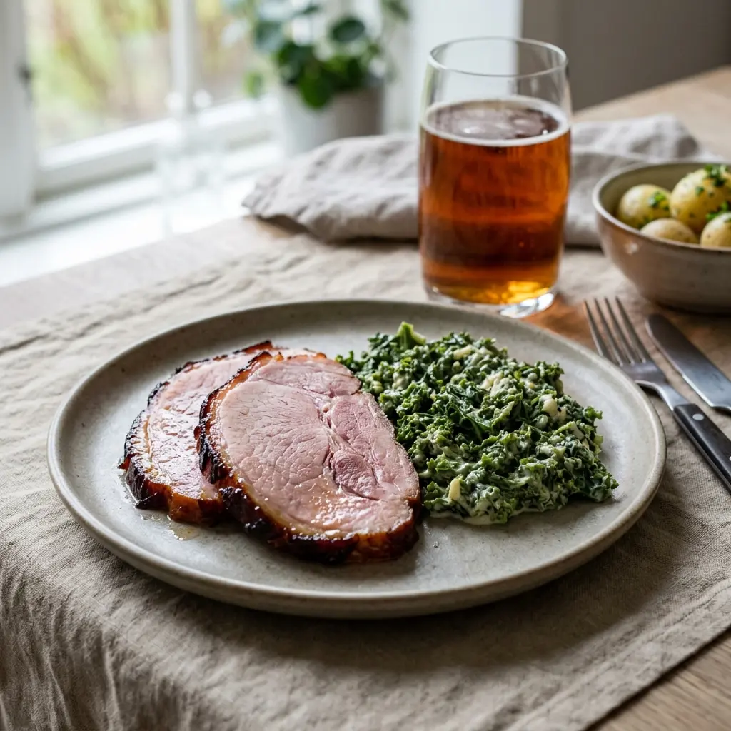 Nylagad skinka med grönkål serverad på ett aptitligt och hemlagat sätt