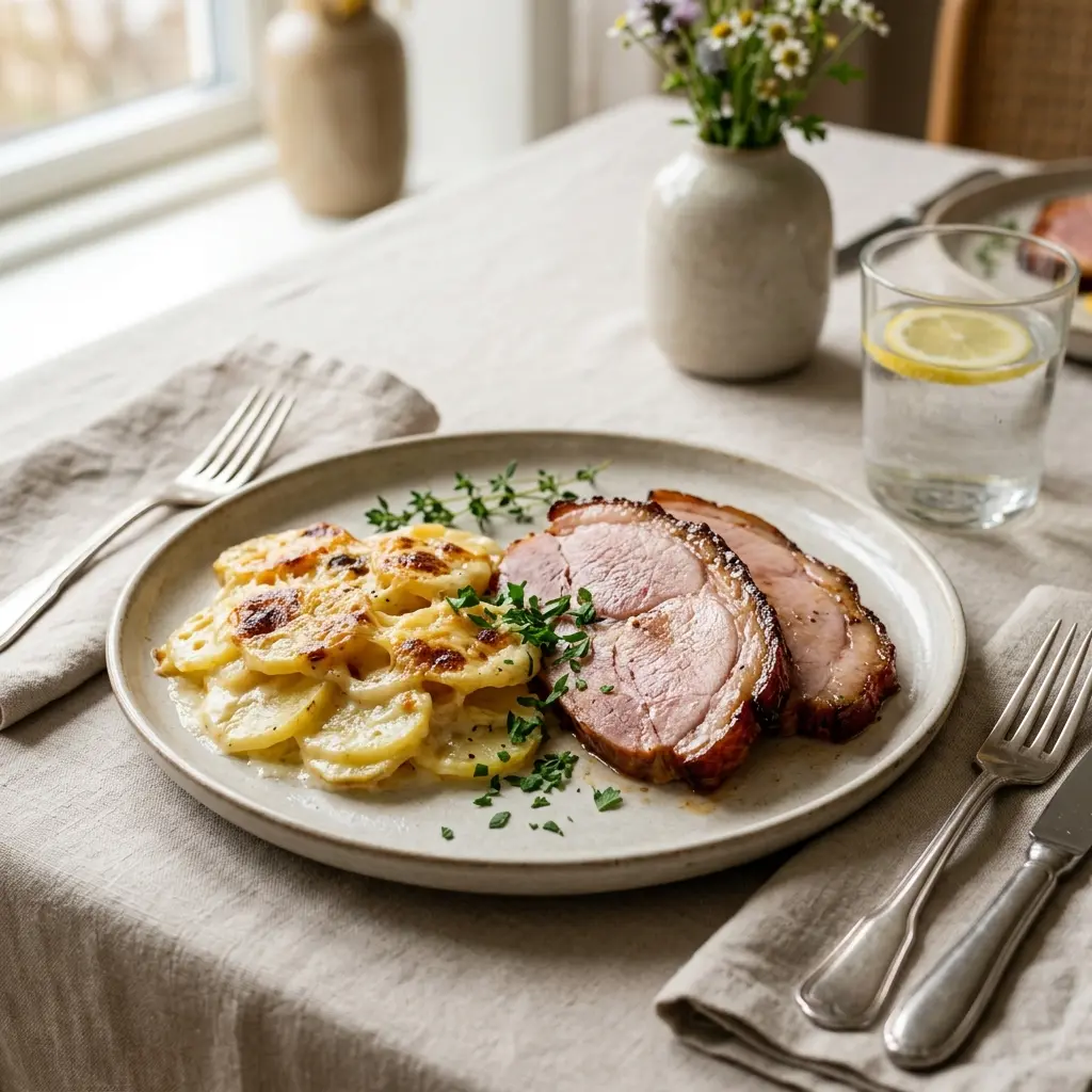 Nylagad skinka med potatisgratäng serverad på ett aptitligt och hemlagat sätt