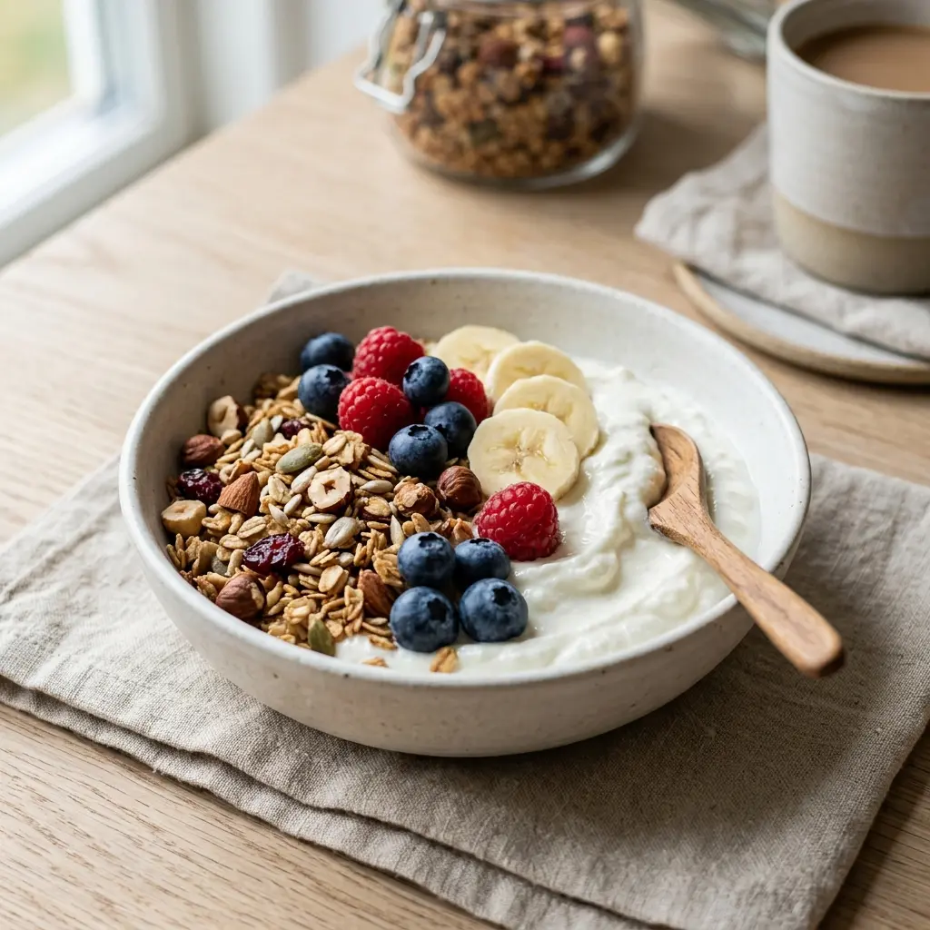 Nylagad skyr med granola serverad på ett aptitligt och hemlagat sätt
