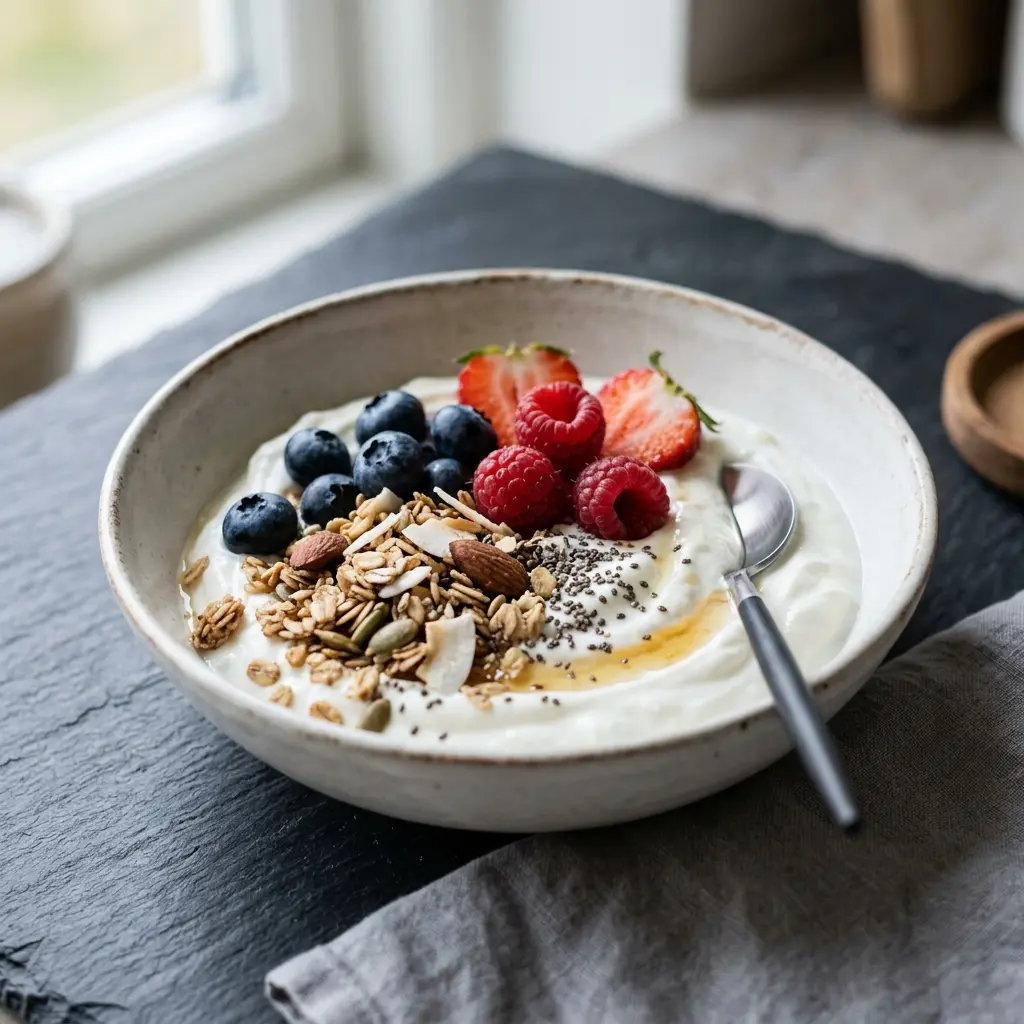 Nylagad skyr med topping serverad på ett aptitligt och hemlagat sätt