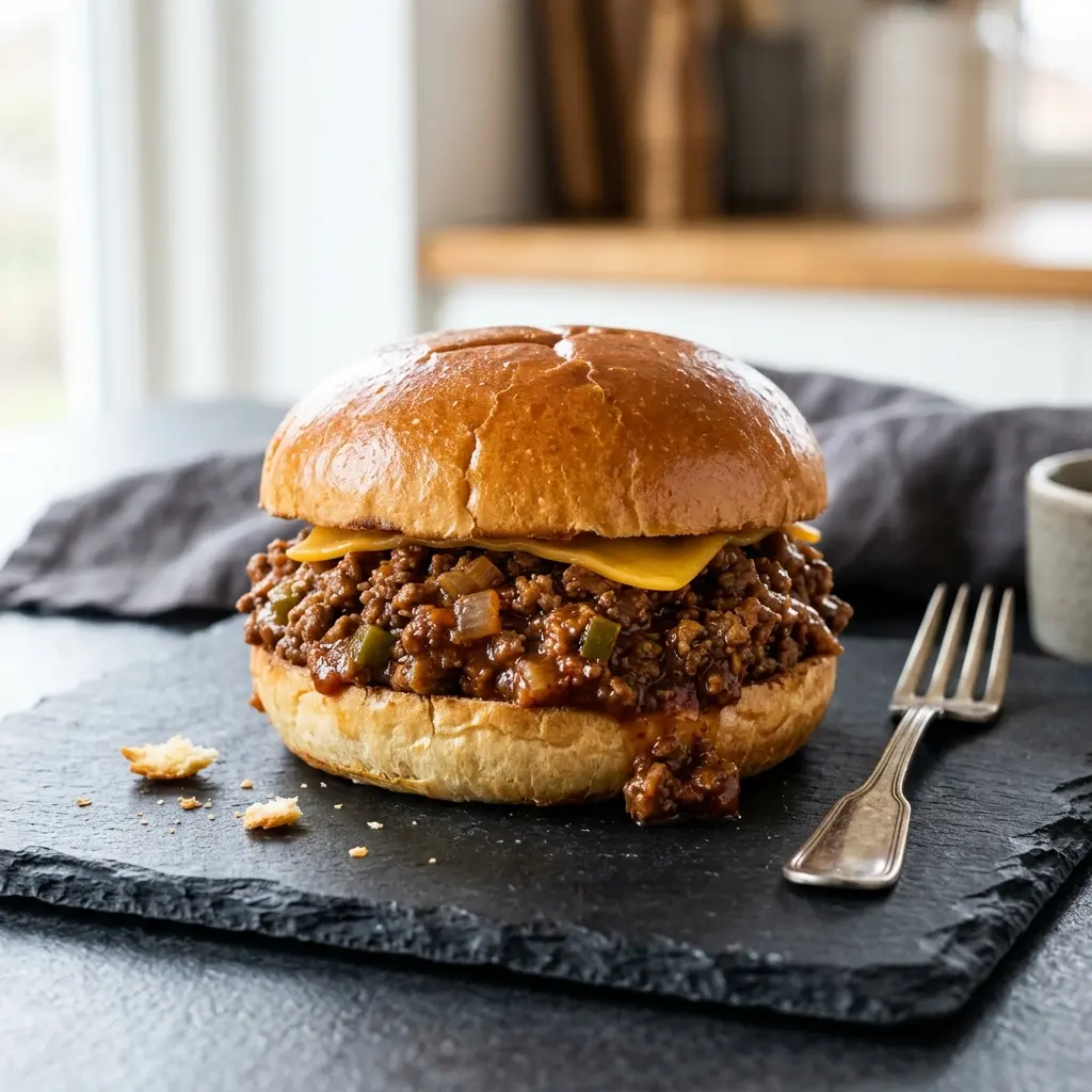 Nylagad sloppy Joe sandwich serverad på ett aptitligt och hemlagat sätt
