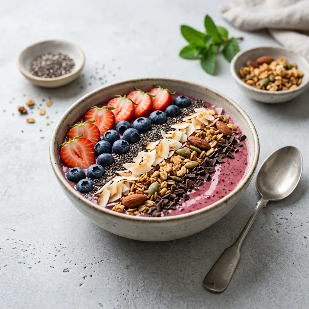 Ett glas smoothie bowl serverat kallt och fräscht med enkel garnering