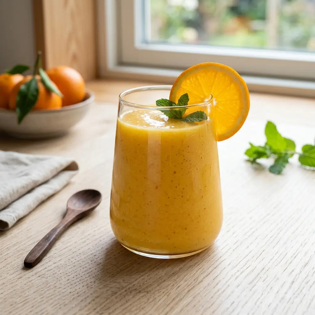 Ett glas smoothie med apelsin serverat kallt och fräscht med enkel garnering