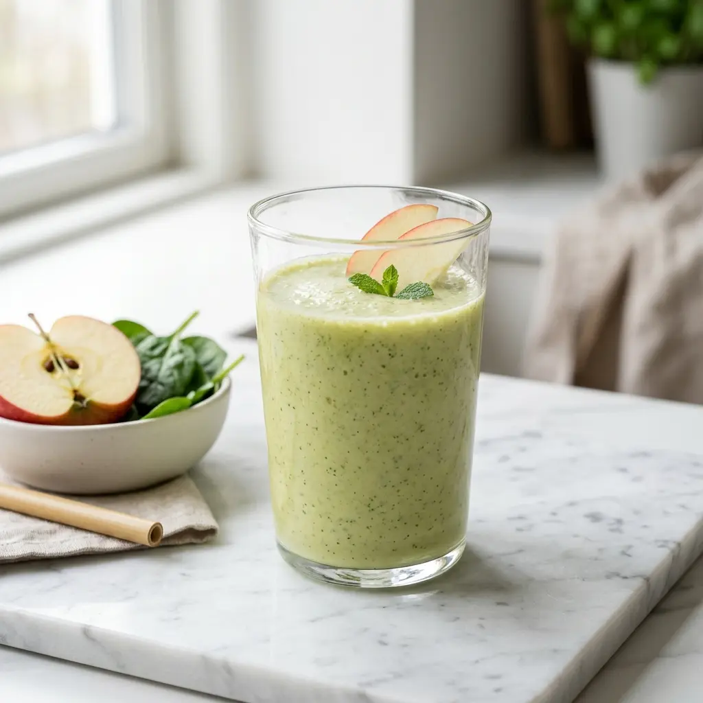 Ett glas smoothie med äpple serverat kallt och fräscht med enkel garnering