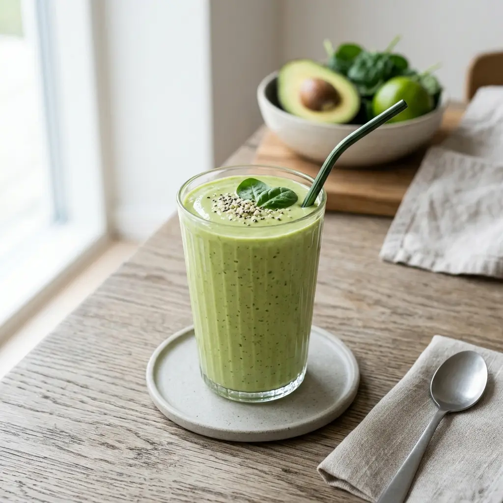 Ett glas smoothie med avokado serverat kallt och fräscht med enkel garnering