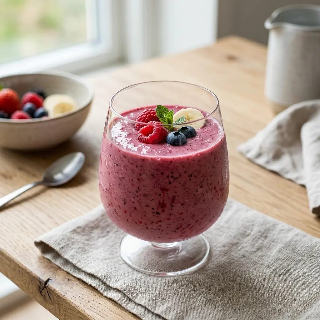 Ett glas smoothie med bär och banan serverat kallt och fräscht med enkel garnering