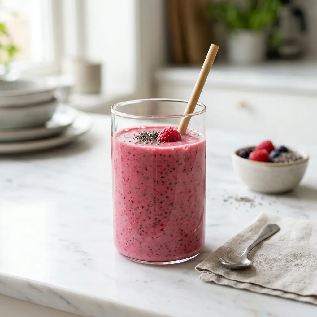 Ett glas smoothie med chiafrön serverat kallt och fräscht med enkel garnering