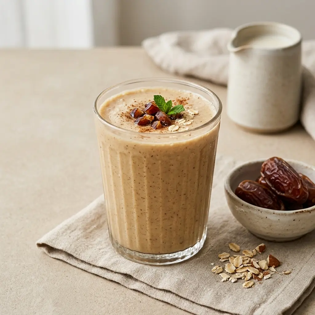 Ett glas smoothie med dadlar serverat kallt och fräscht med enkel garnering