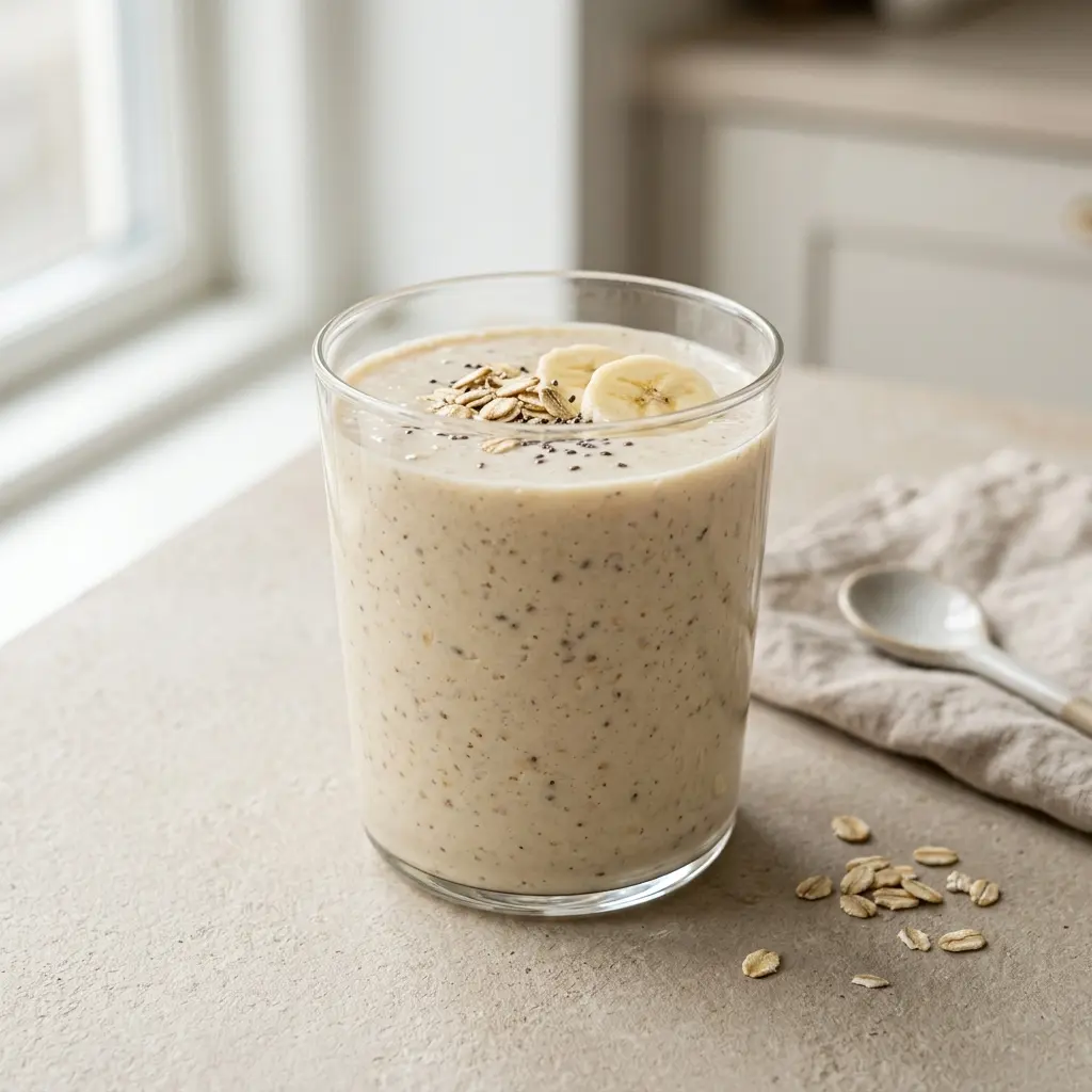 Ett glas smoothie med havregryn serverat kallt och fräscht med enkel garnering