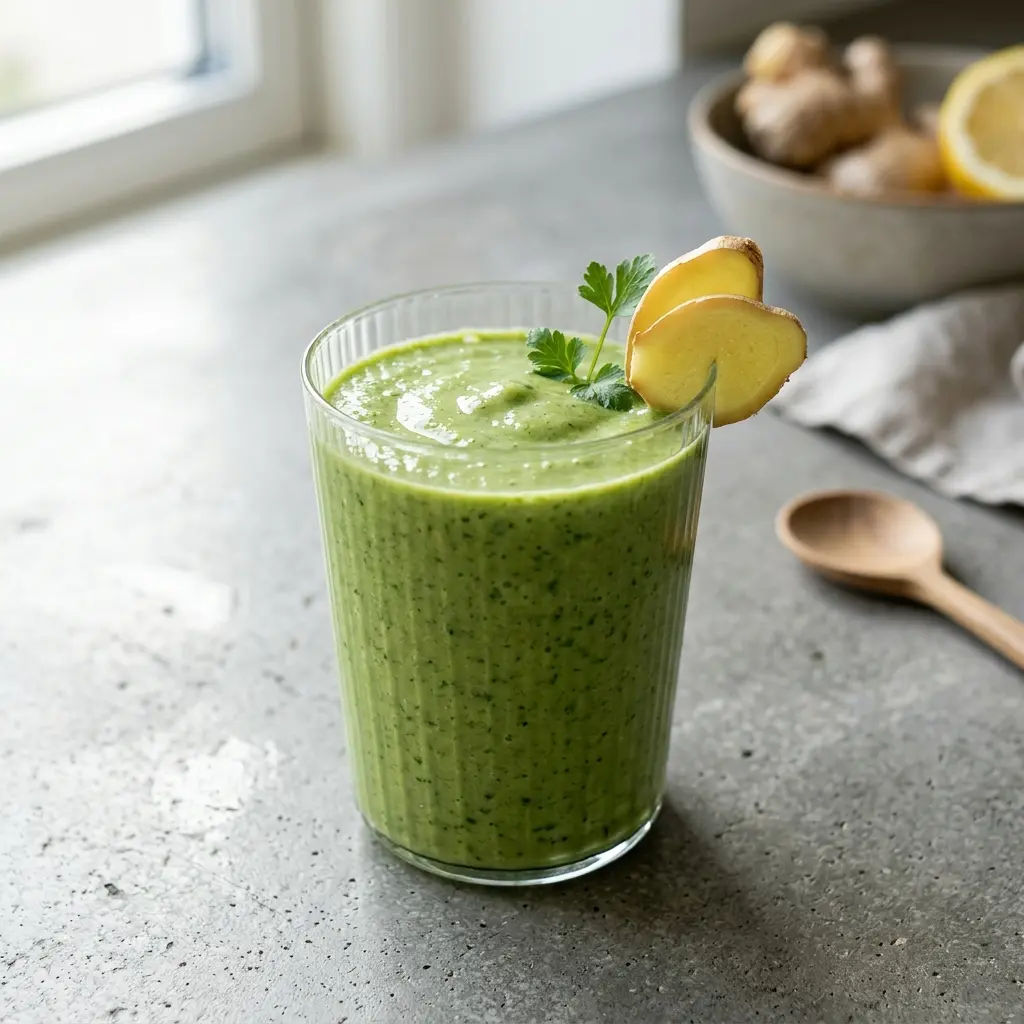 Ett glas smoothie med ingefära serverat kallt och fräscht med enkel garnering