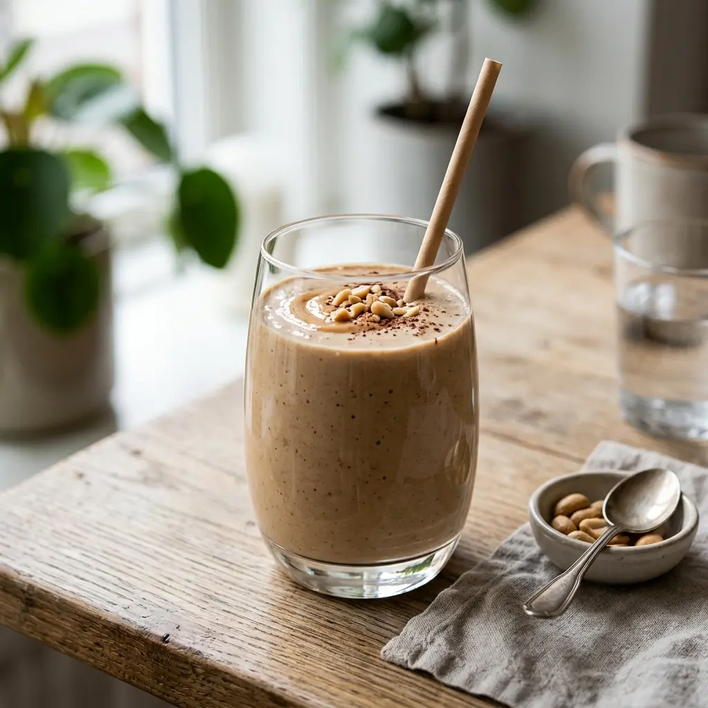 Ett glas smoothie med jordnötssmör serverat kallt och fräscht med enkel garnering