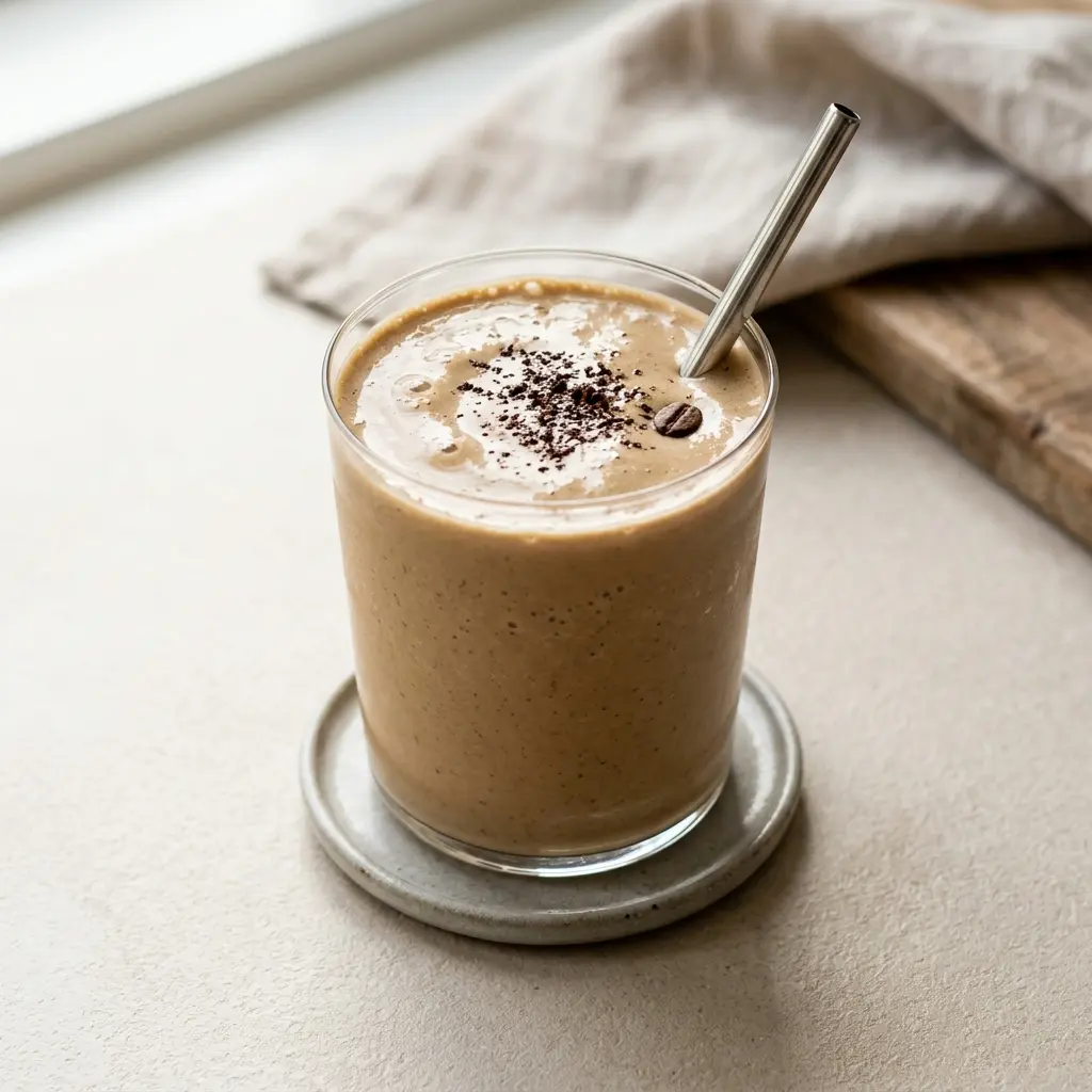 Ett glas smoothie med kaffe serverat kallt och fräscht med enkel garnering