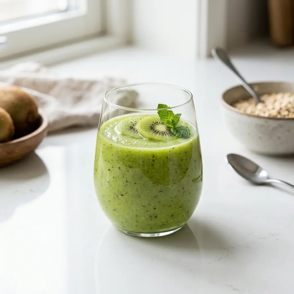 Ett glas smoothie med kiwi serverat kallt och fräscht med enkel garnering