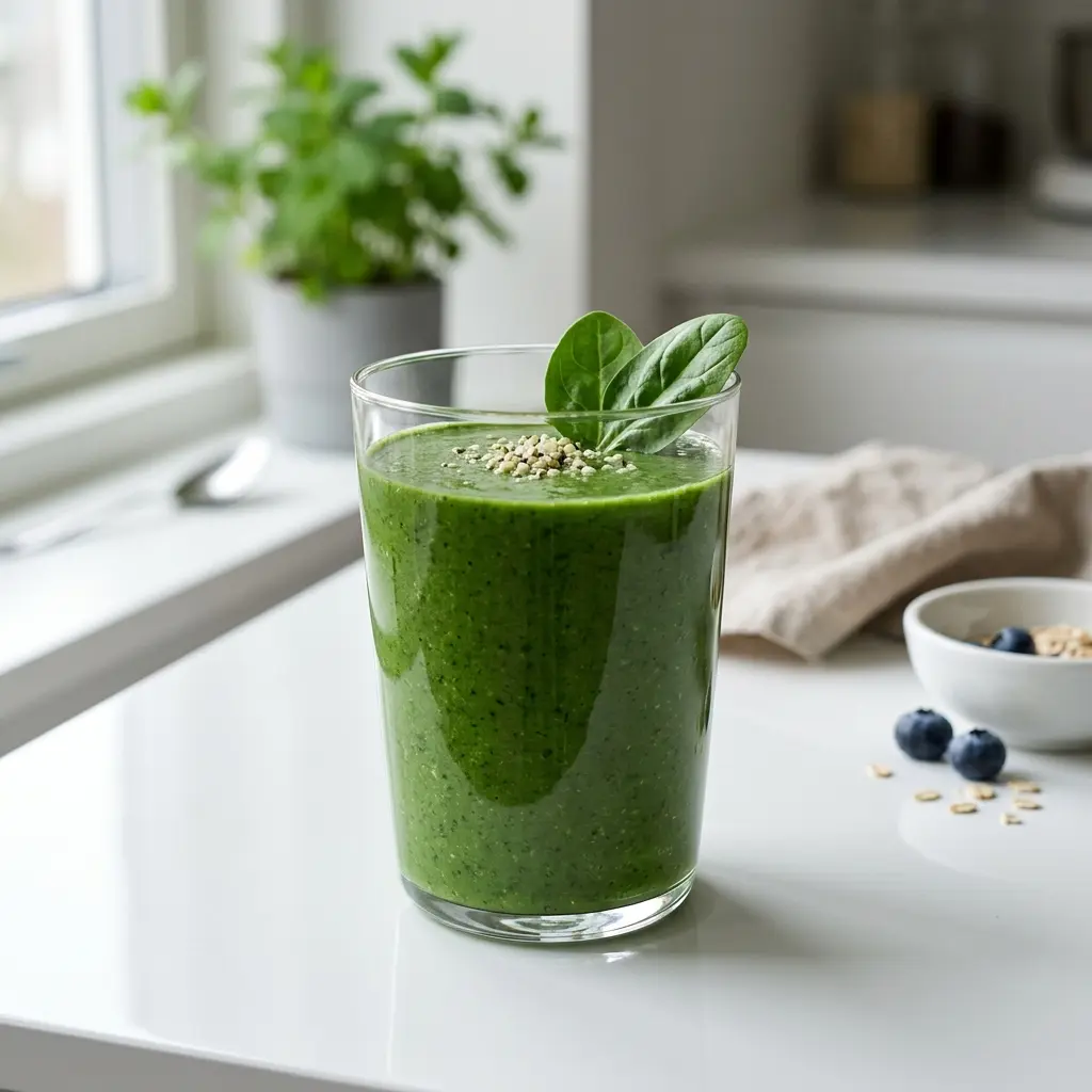Ett glas smoothie med spenat serverat kallt och fräscht med enkel garnering