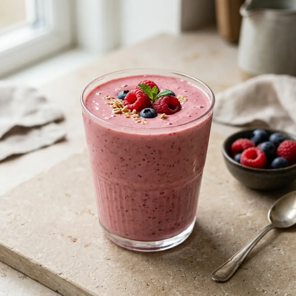 Ett glas smoothie med yoghurt serverat kallt och fräscht med enkel garnering