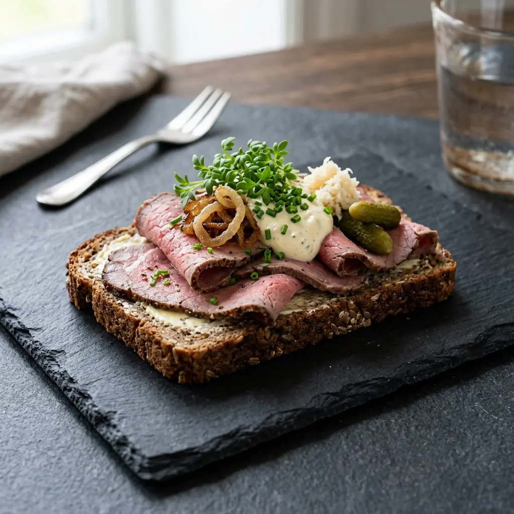 Nybakad smörrebröd med rostbiff serverad och klar att njuta av