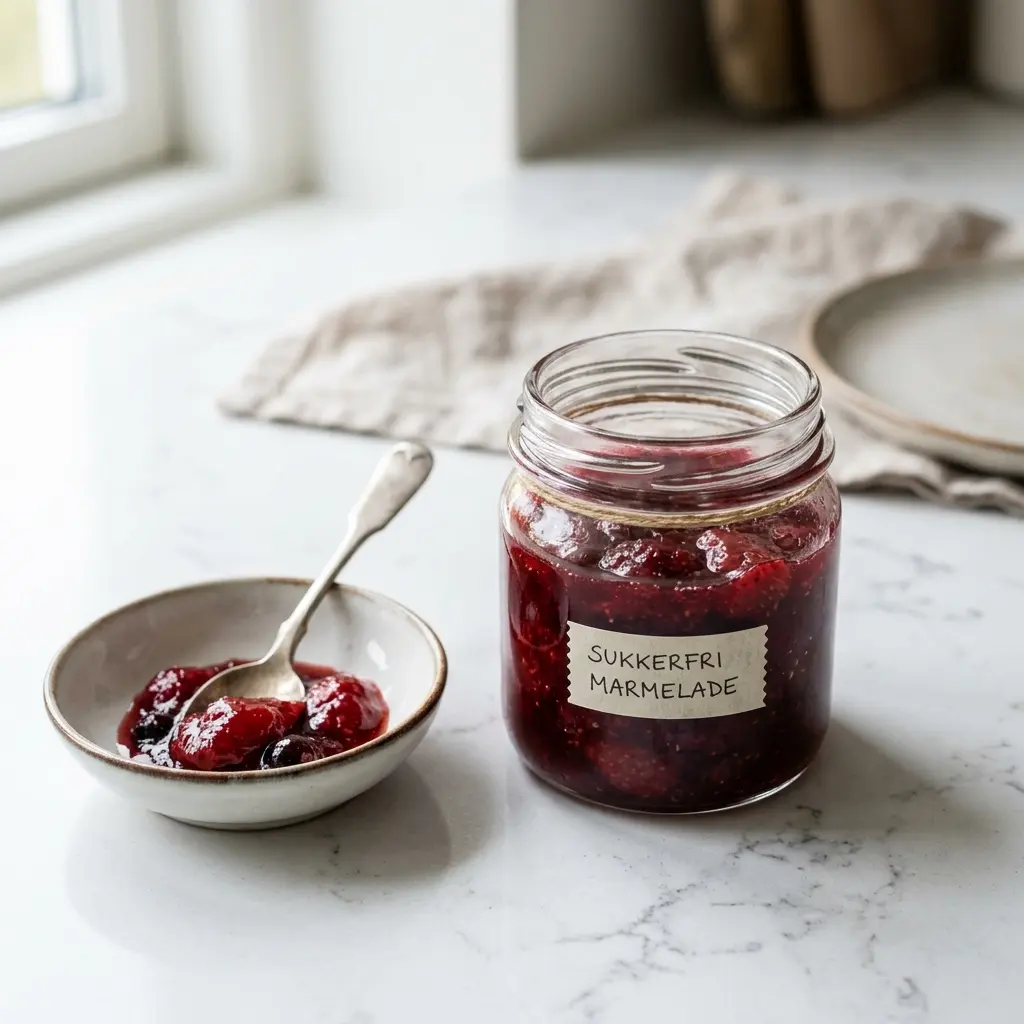 En skål med sockerfri marmelad klar att servera som smakrikt tillbehör