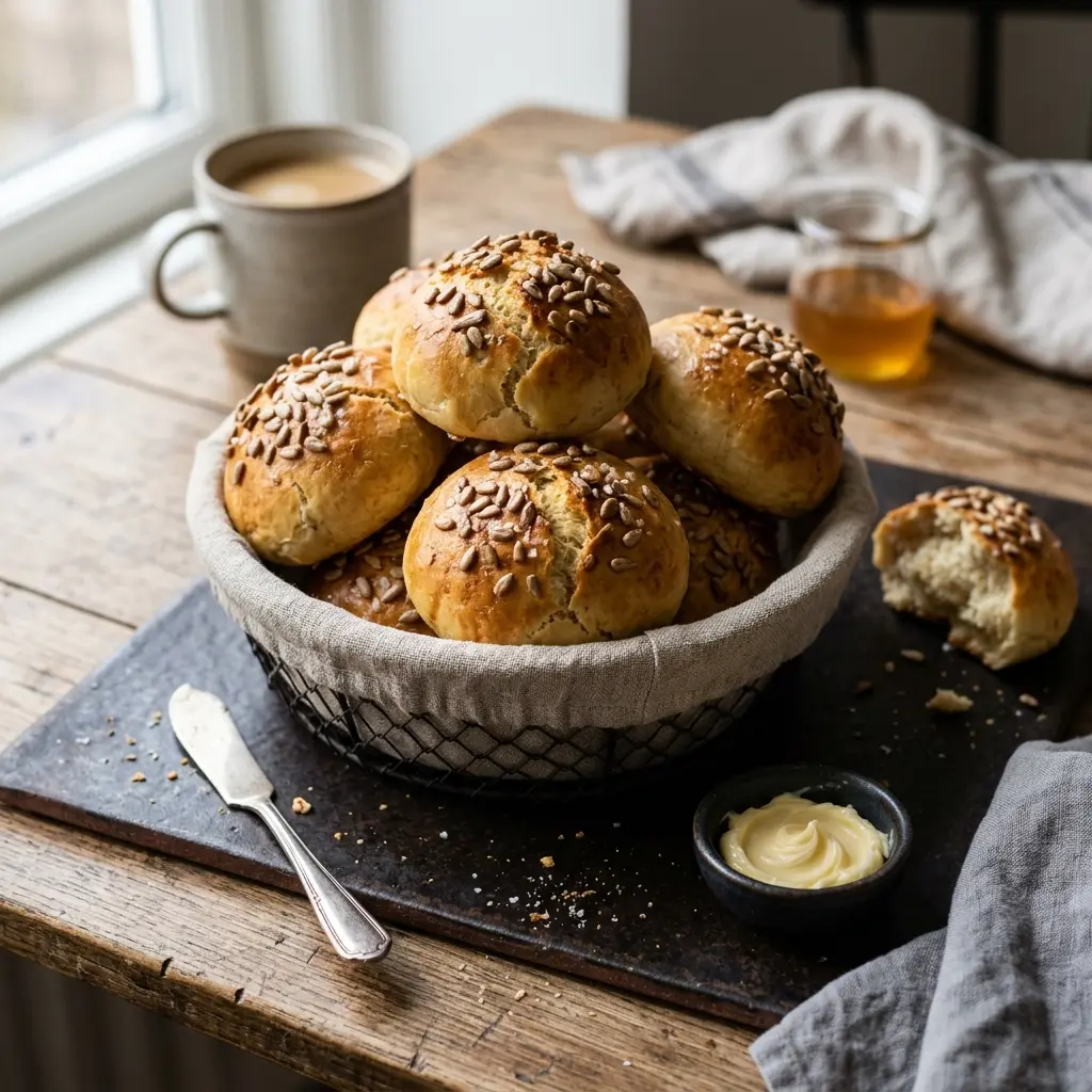 Nybakad solrosbullar serverad och klar att njuta av